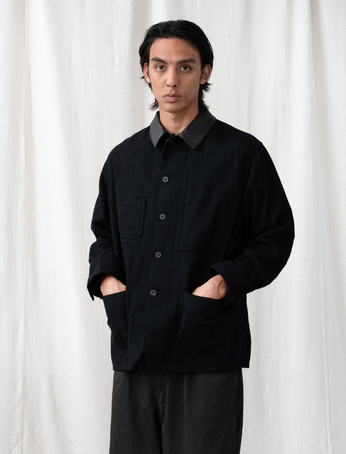 Leather Collar Wool Chore Jacket J020 (Charocal/Black)