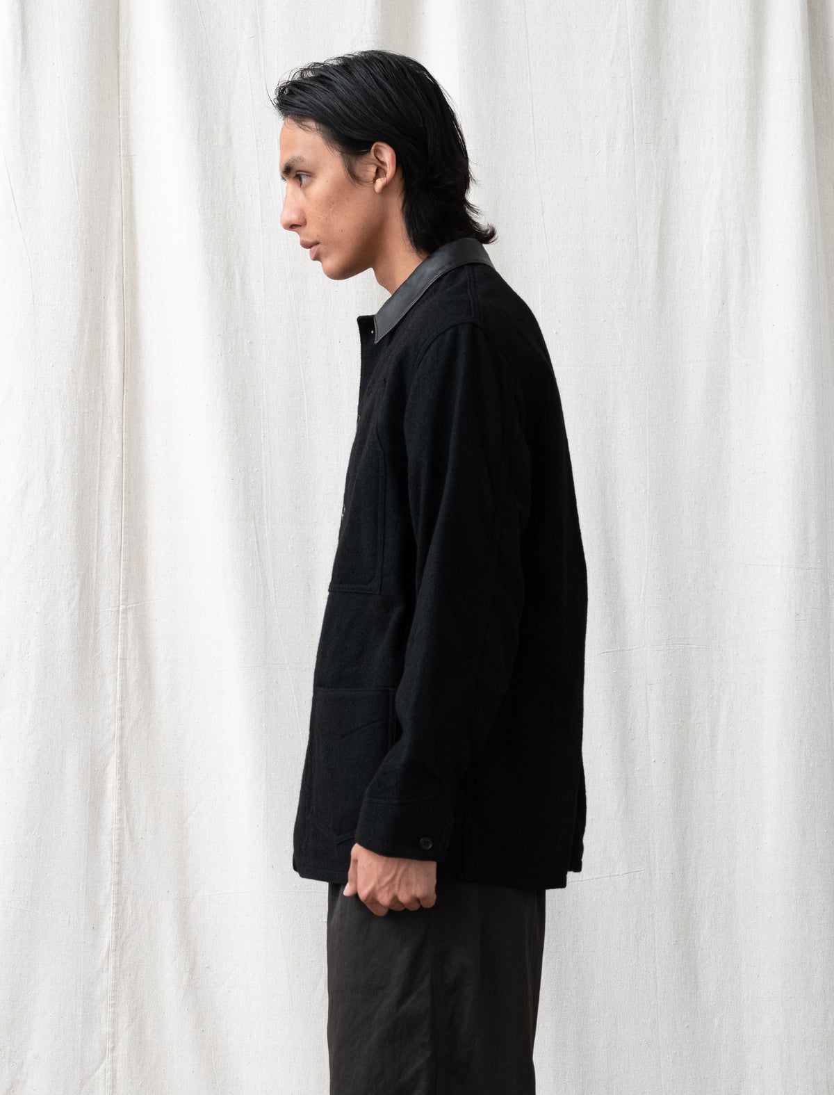 Leather Collar Wool Chore Jacket J020 (Charocal/Black)