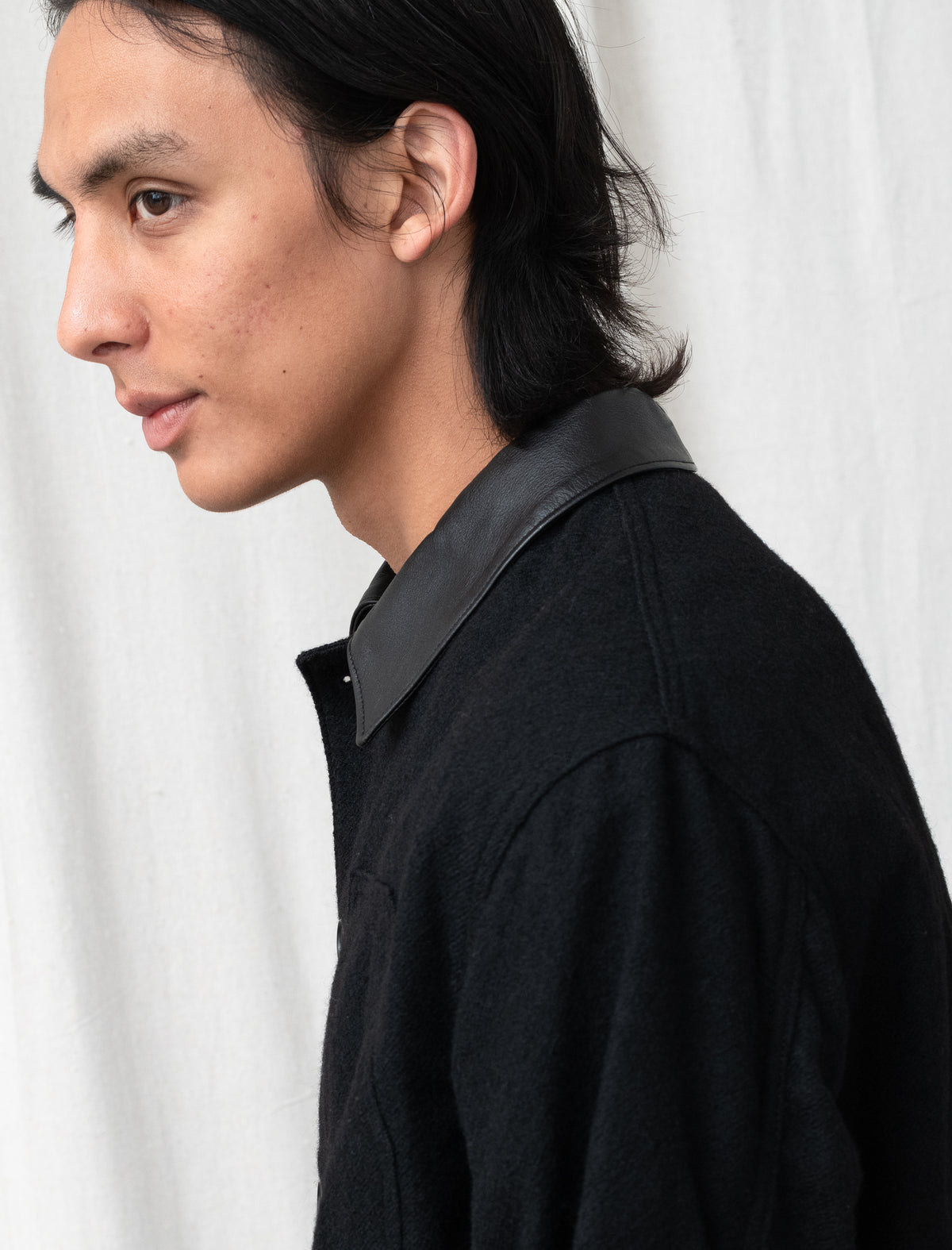 Leather Collar Wool Chore Jacket J020 (Charocal/Black)