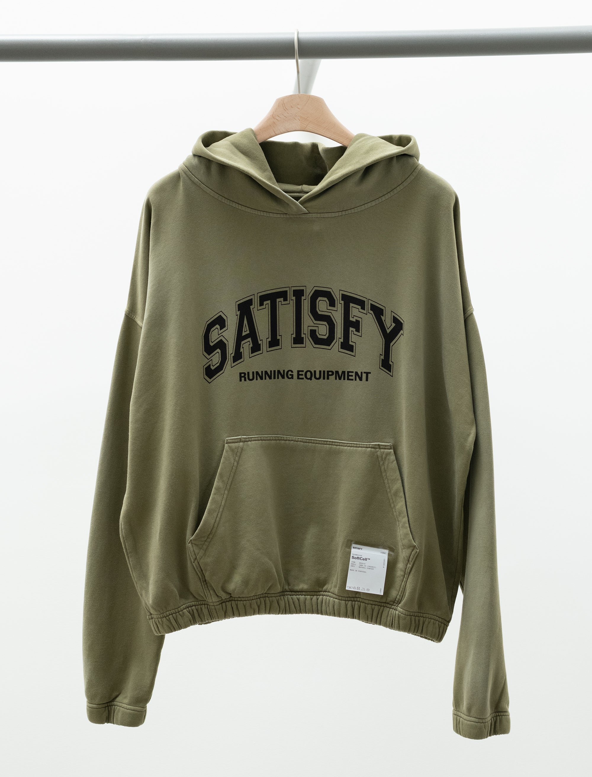 Green hoodie with 'Satisfy Running Equipment' text on a white background