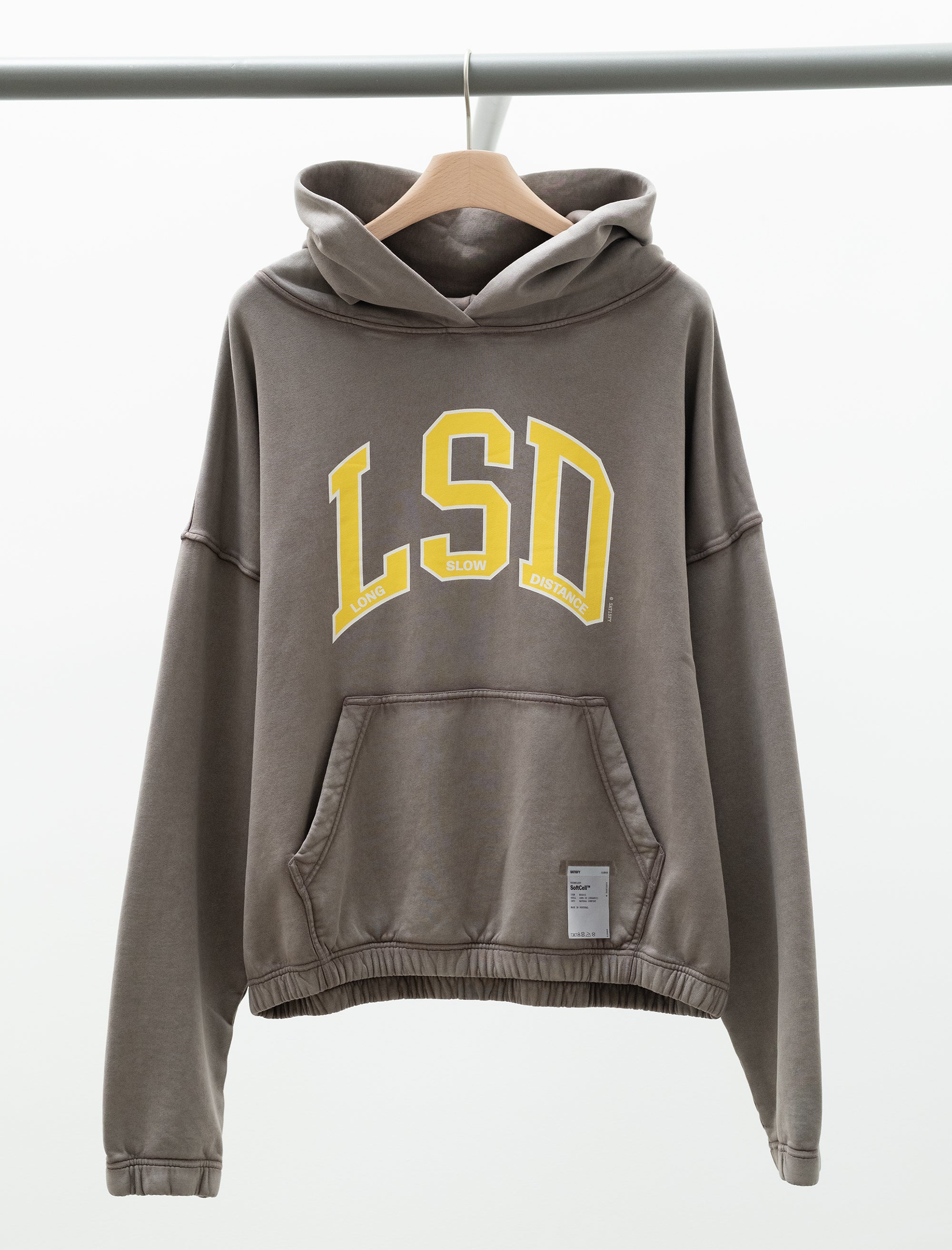 Gray hoodie with yellow 'LSD' text on a hanger against a white background