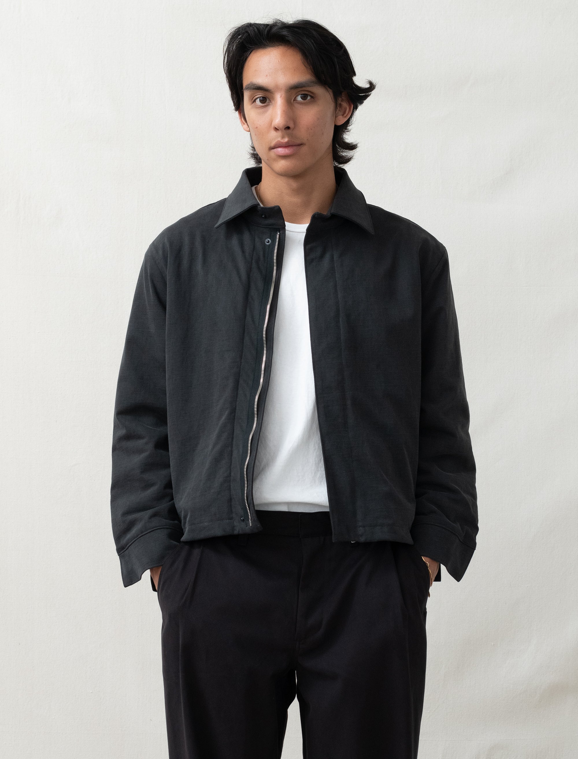 Man wearing a black jacket over a white shirt with a plain background