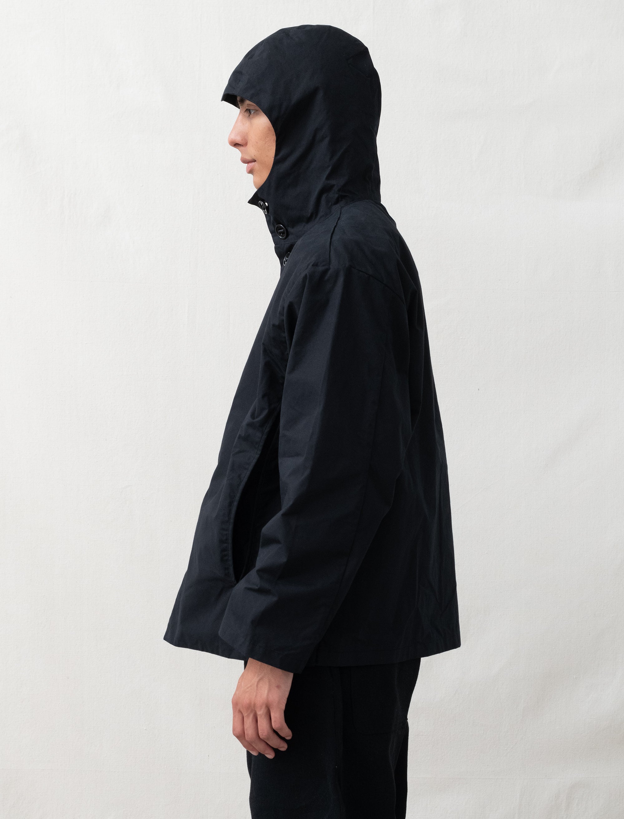 Person wearing a black raincoat against a plain background