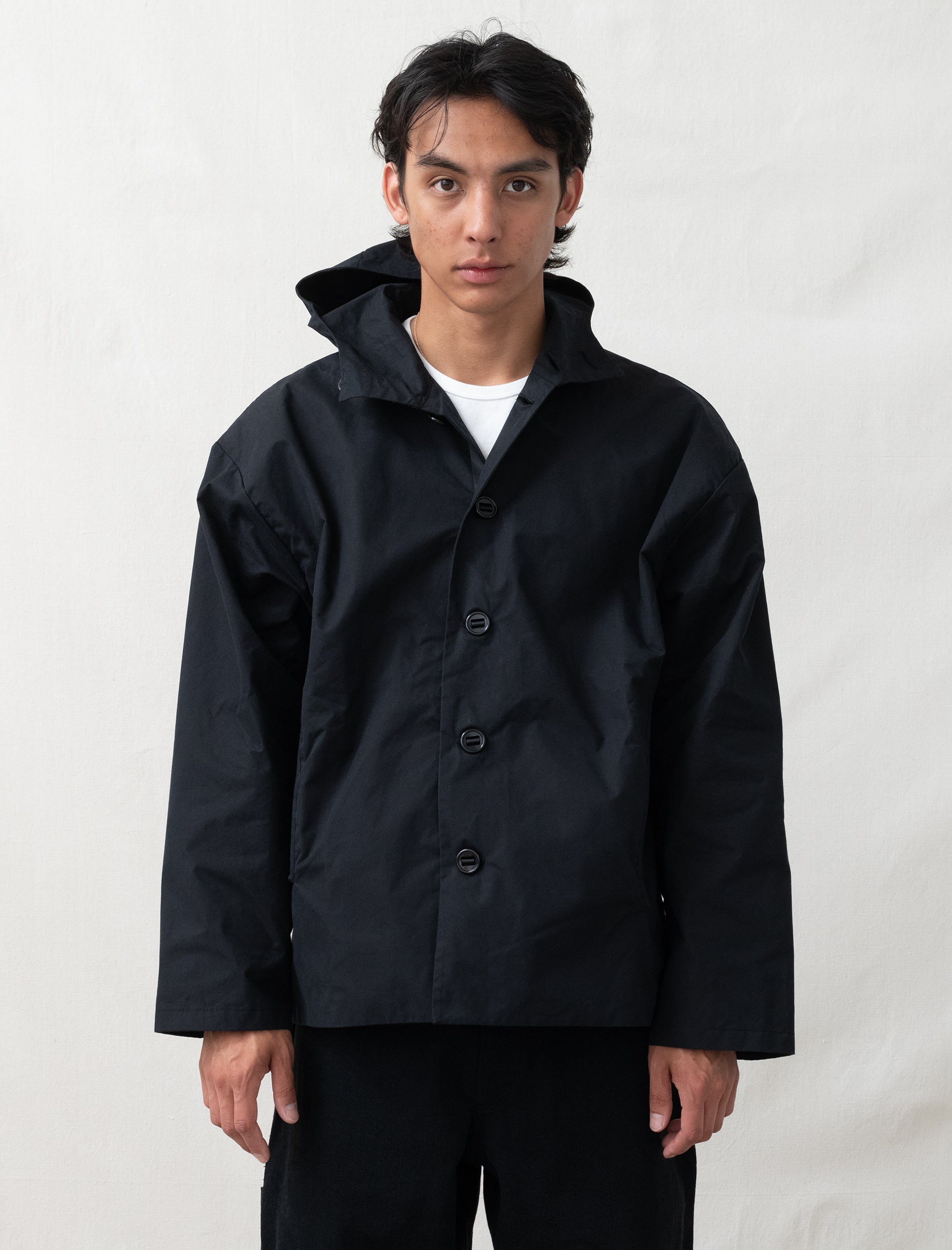 Person wearing a black jacket on a white background