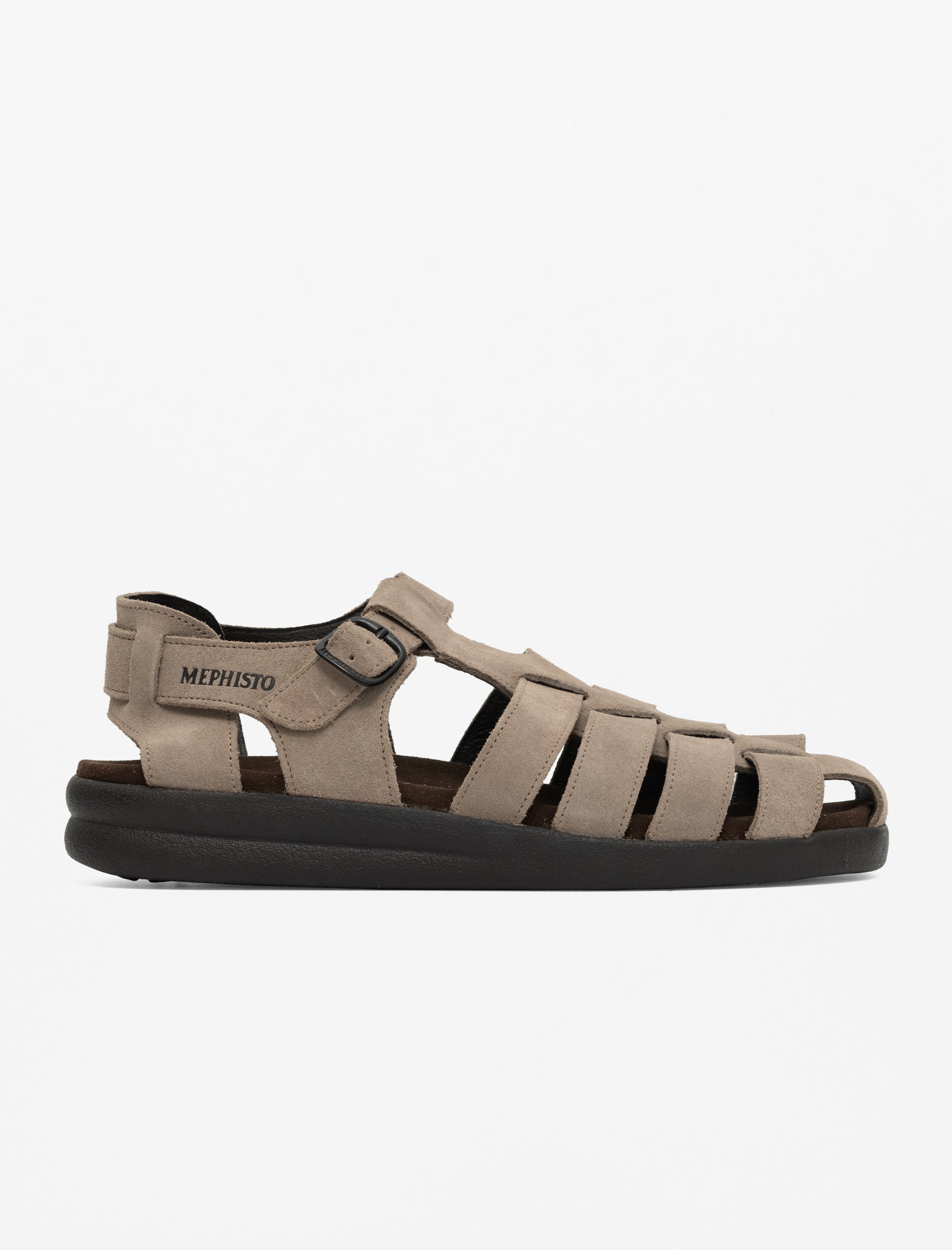 Beige sandal with black sole on a white background