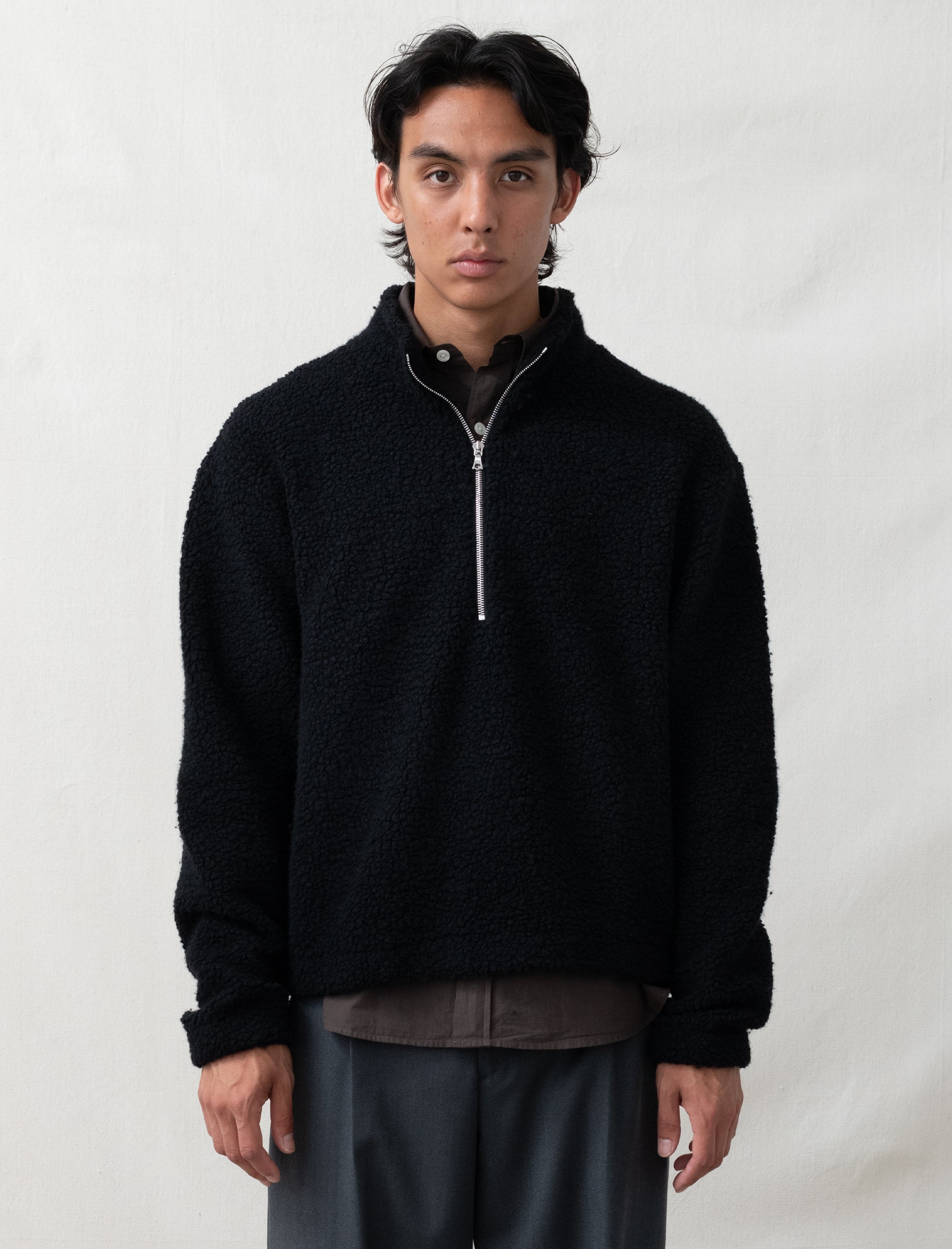 Person wearing a black half-zip sweater against a white background