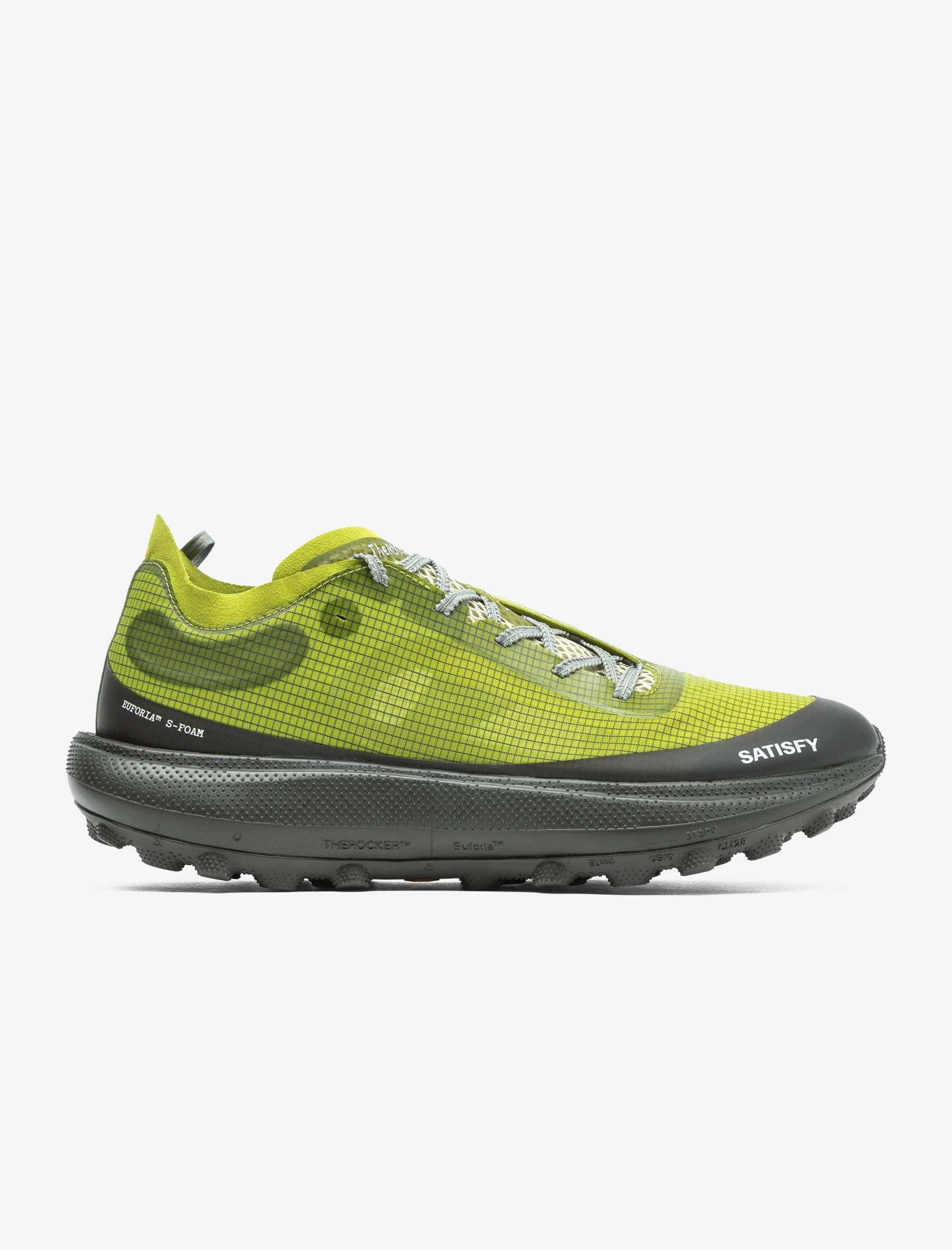 Green and black running shoe on a white background