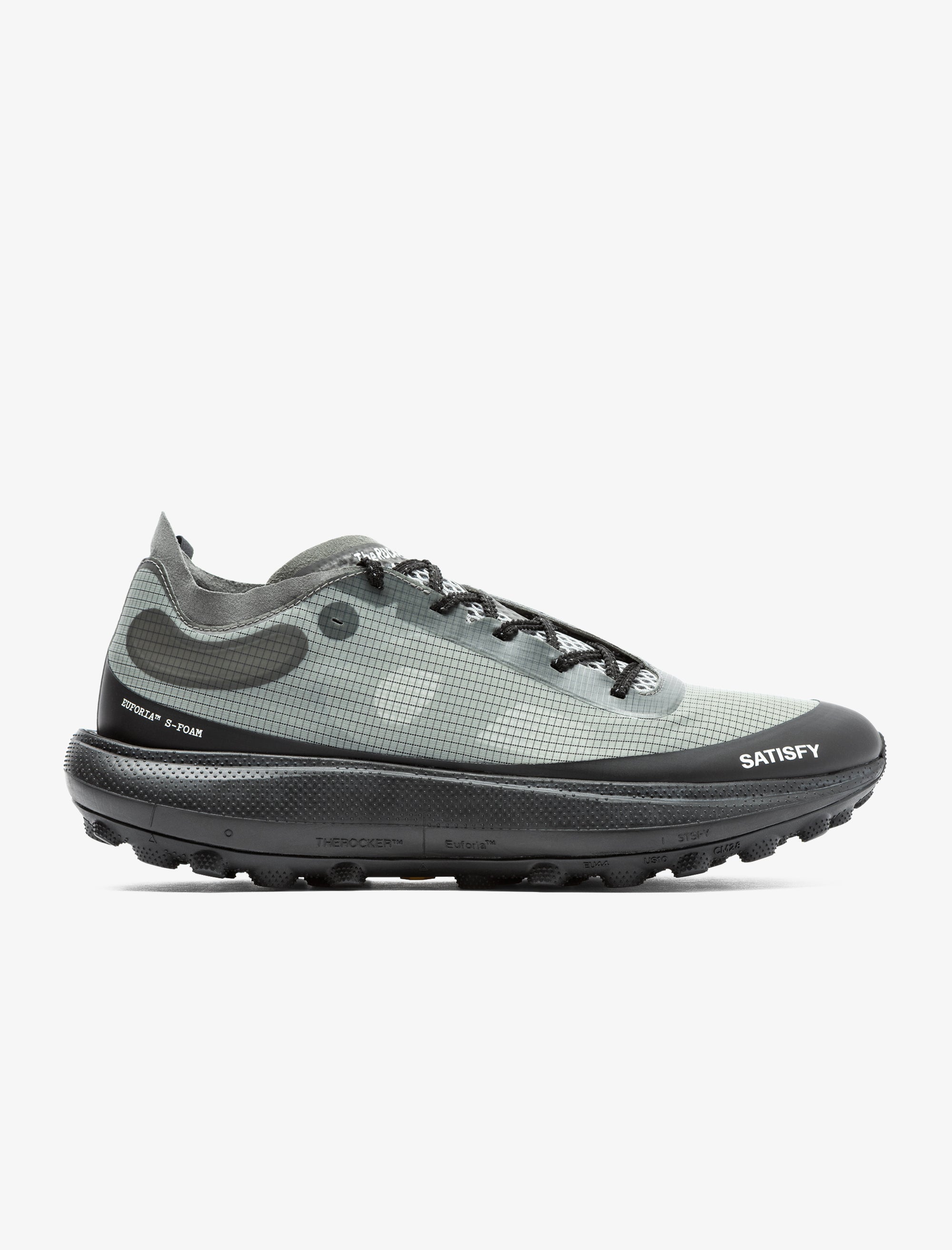 Gray and black hiking shoe on a white background