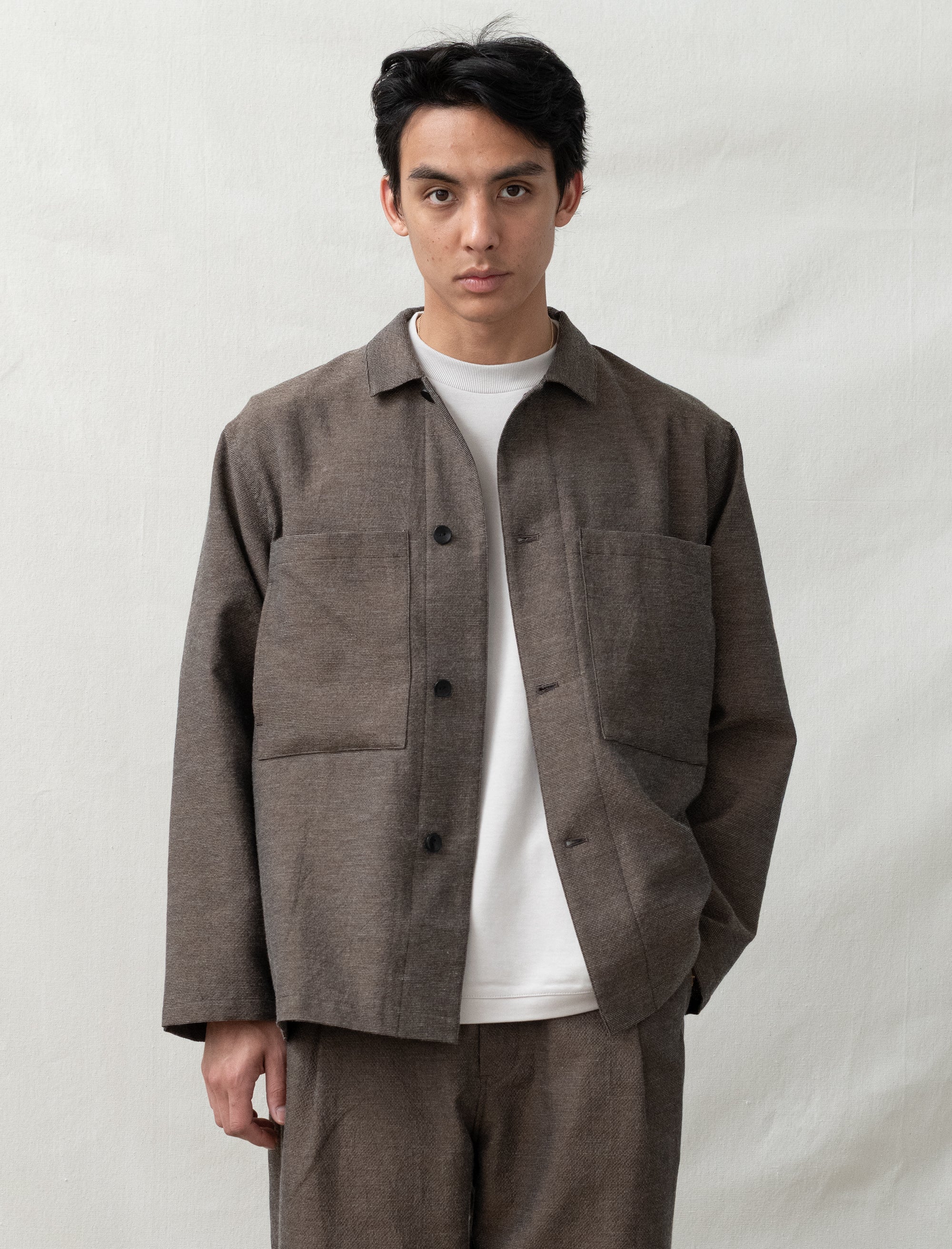 still by hand Mixed Shirt Jacket (Brown)