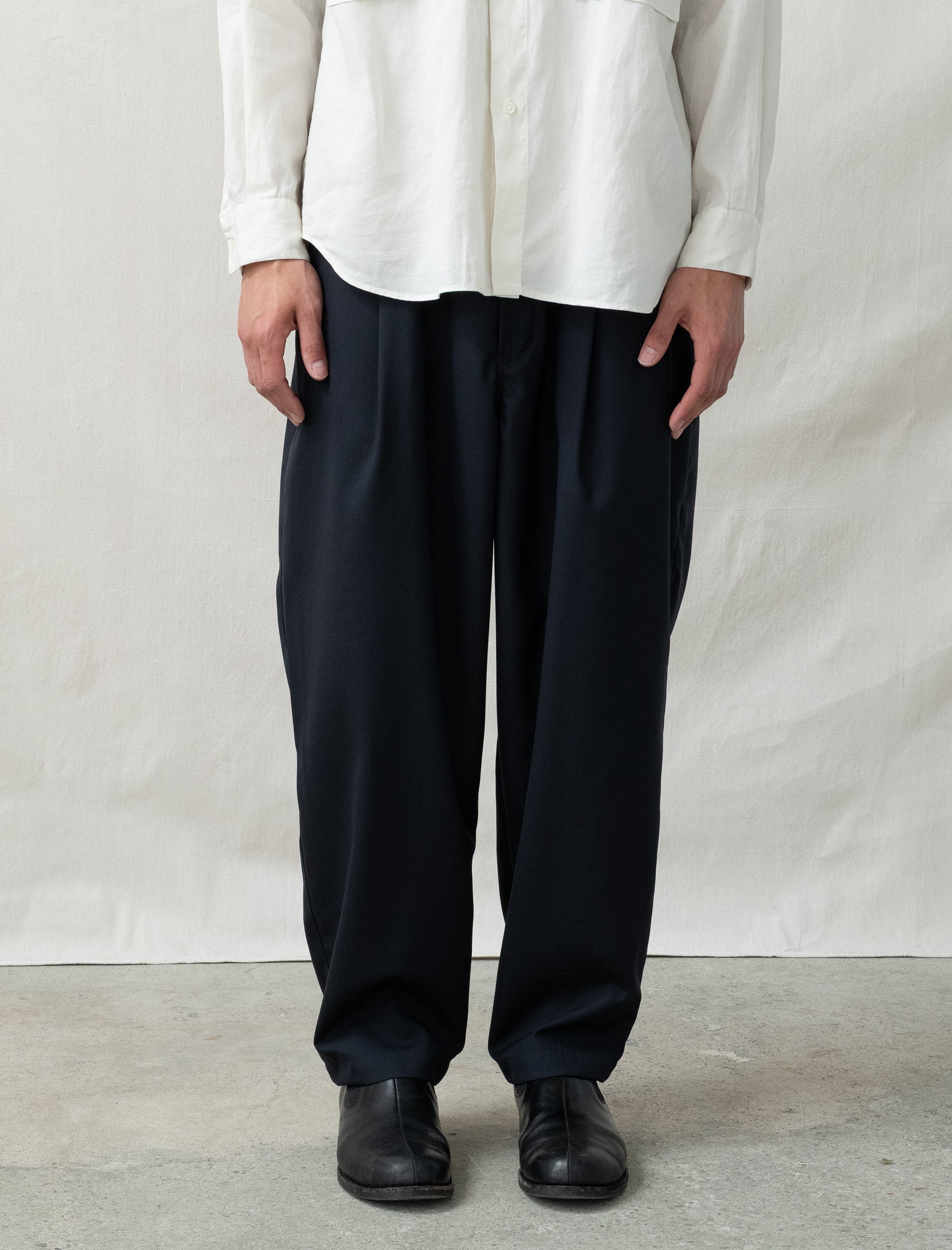 新品 Summer wool wide pants　48 Still By Hand Summer Wool Wide Pants (Black Navy) – Bows and Arrows