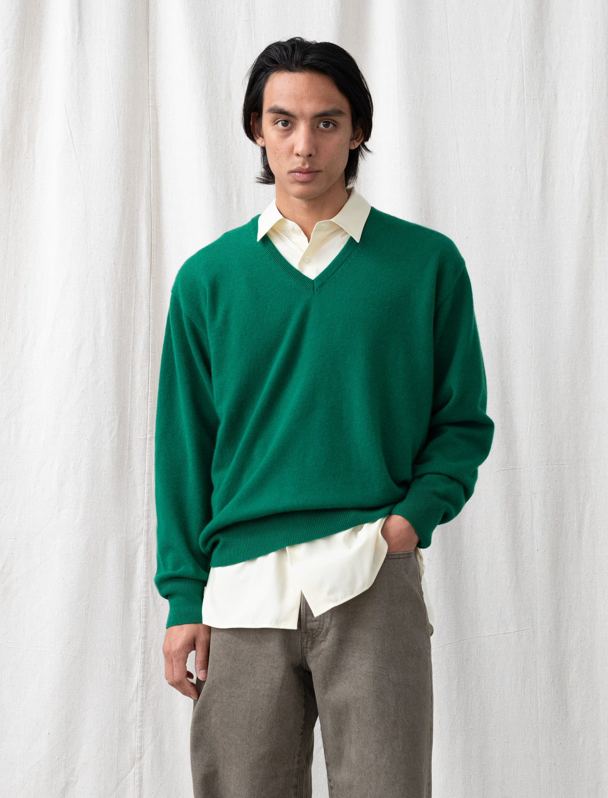 Pure Cashmere Knit V Neck LS (Green)