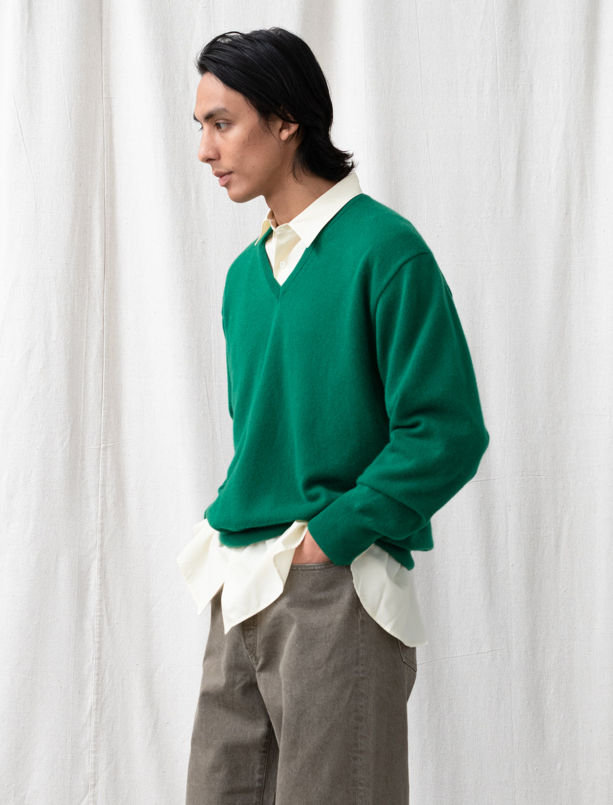 Pure Cashmere Knit V Neck LS (Green)