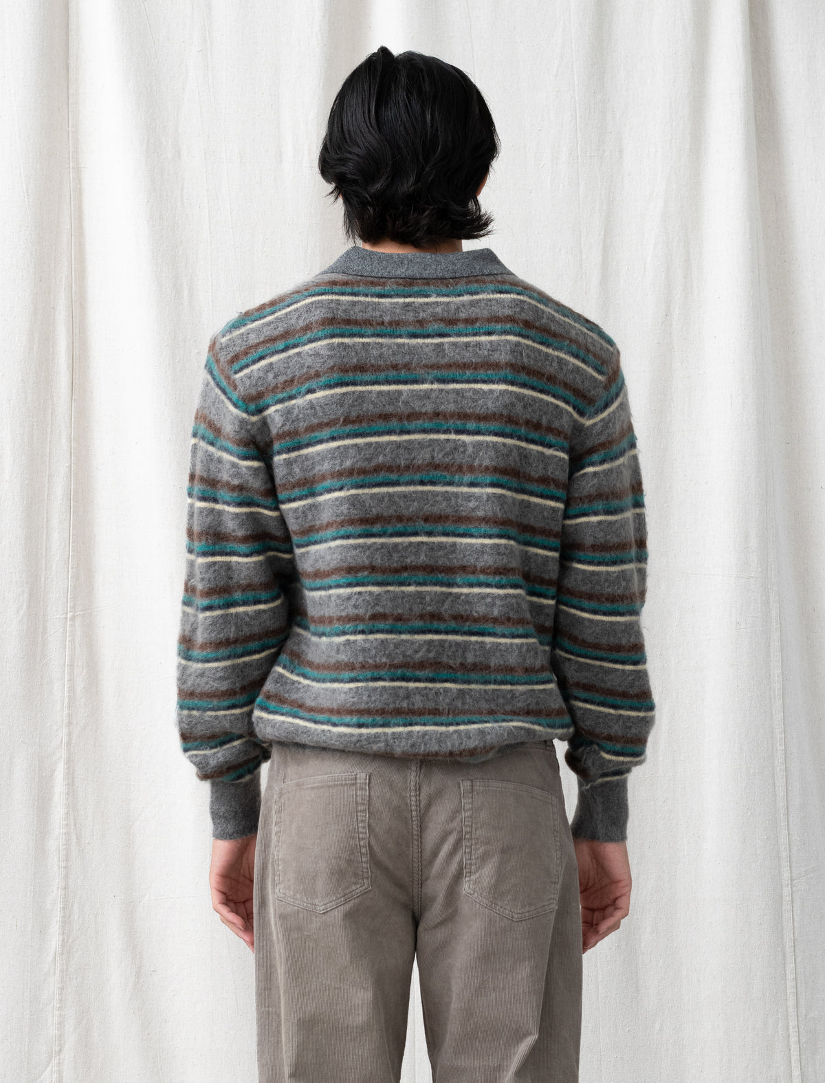 Kid Mohair Ribbed Knit Polo LS (Grey Multi)