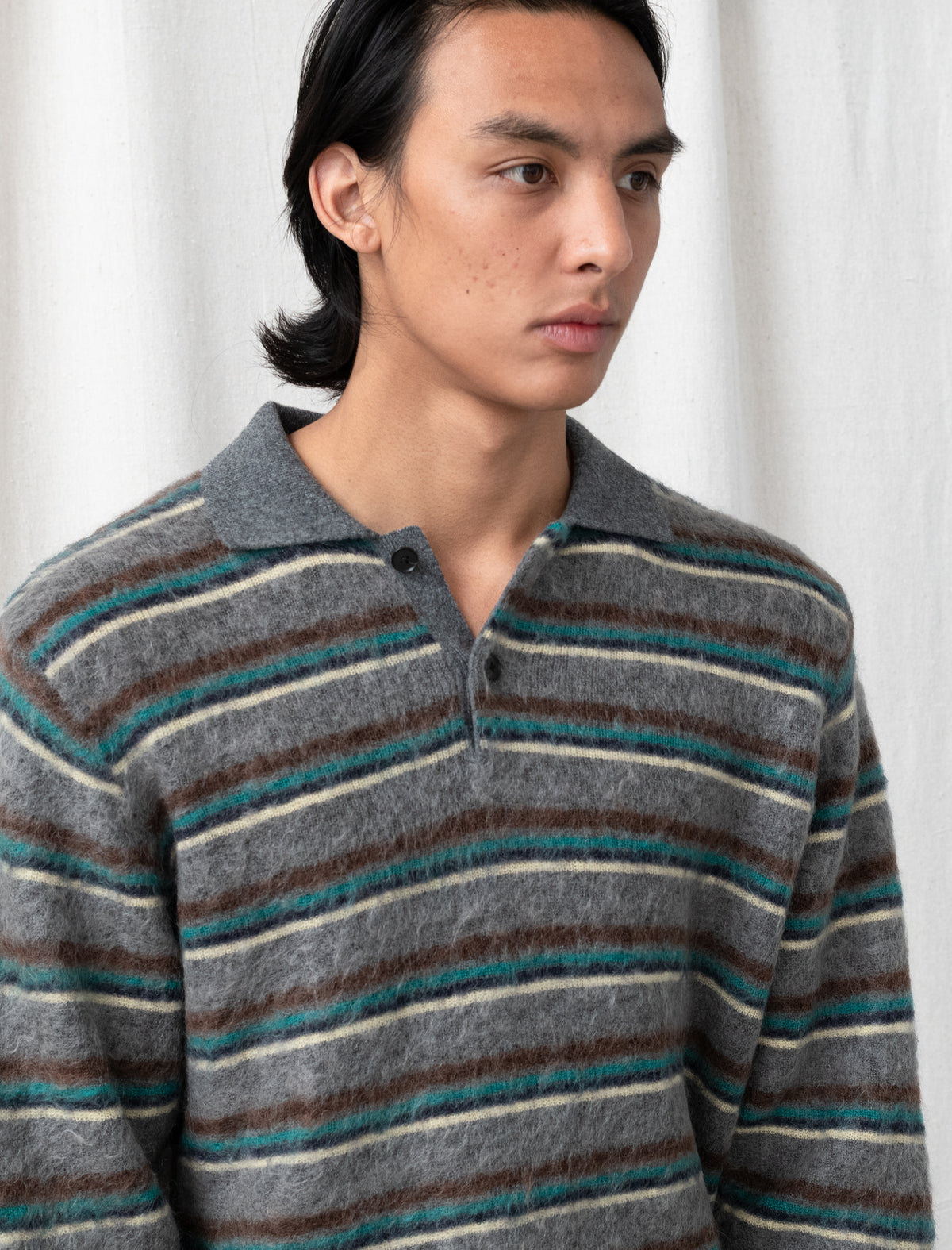 Kid Mohair Ribbed Knit Polo LS (Grey Multi)