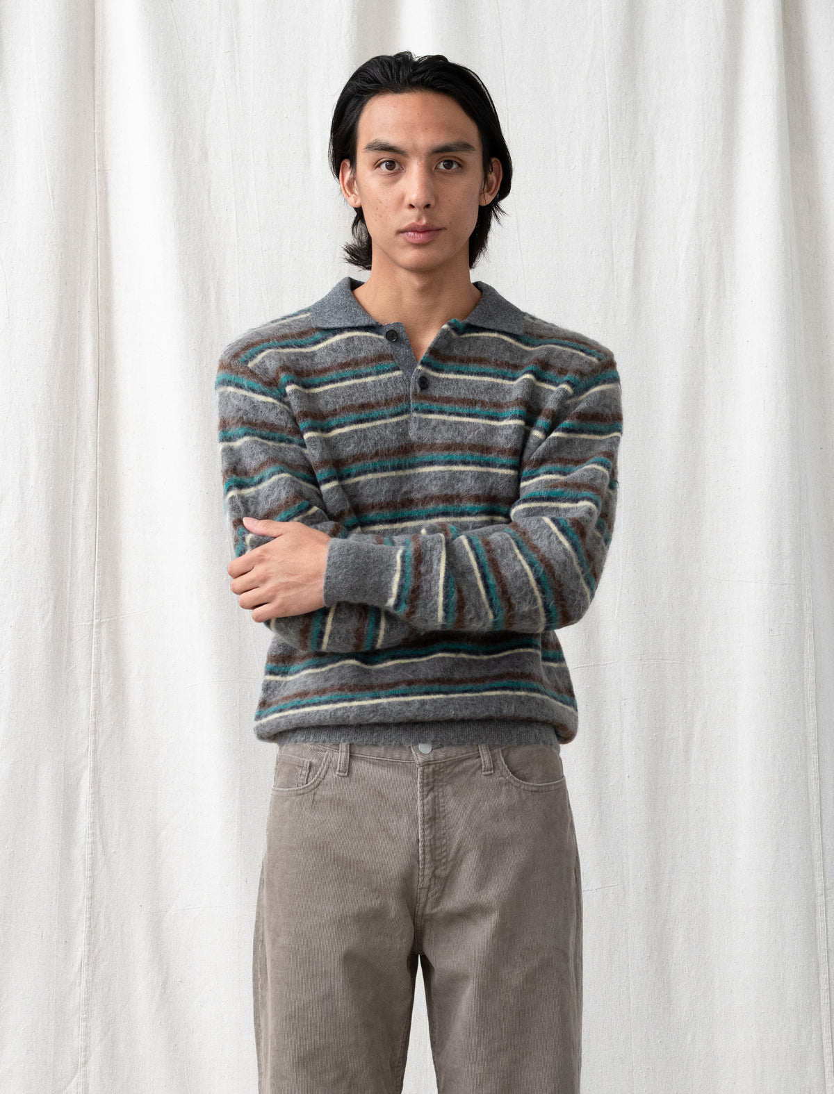 Kid Mohair Ribbed Knit Polo LS (Grey Multi)