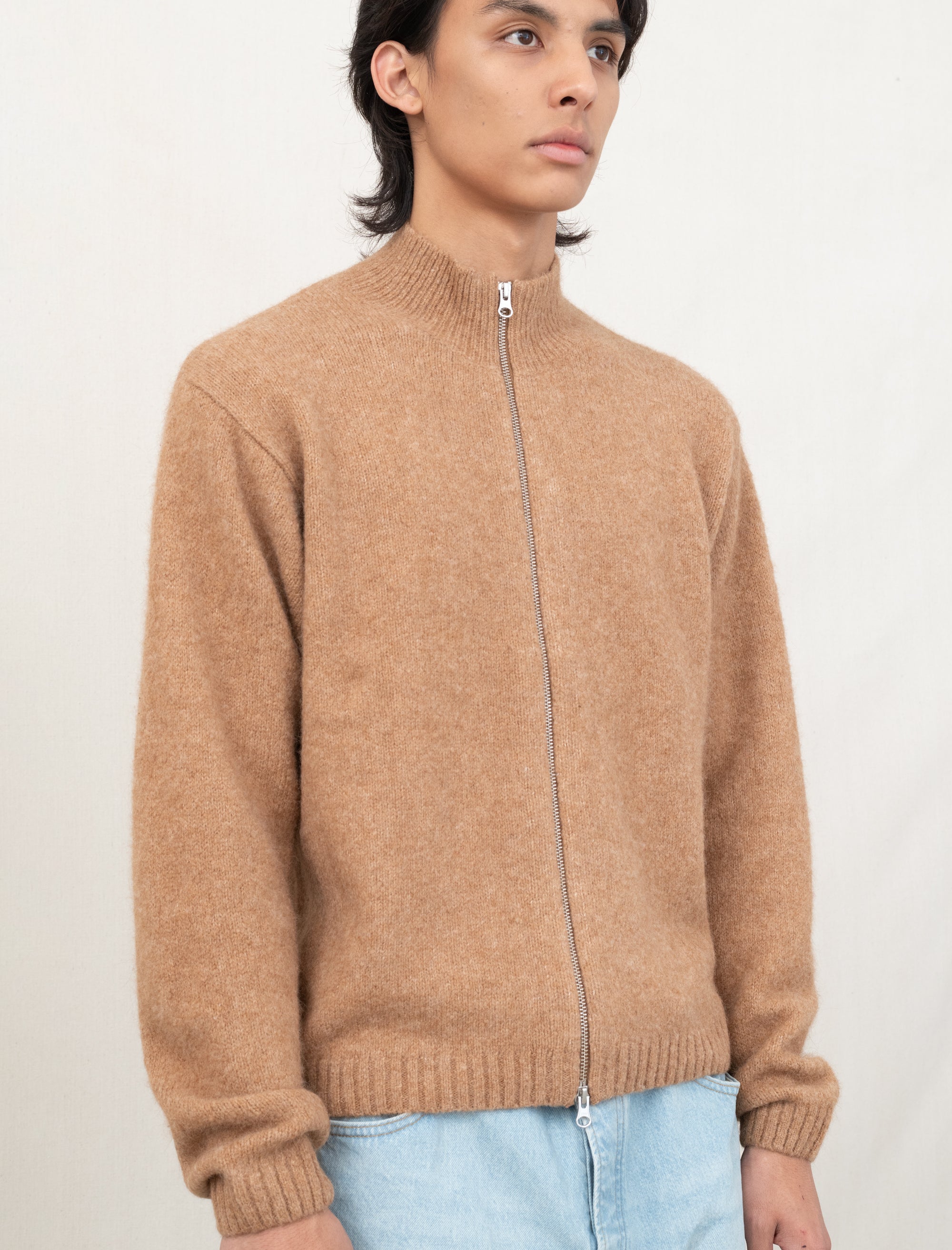 Full Zip Brushed Merino Sweater (Camel)