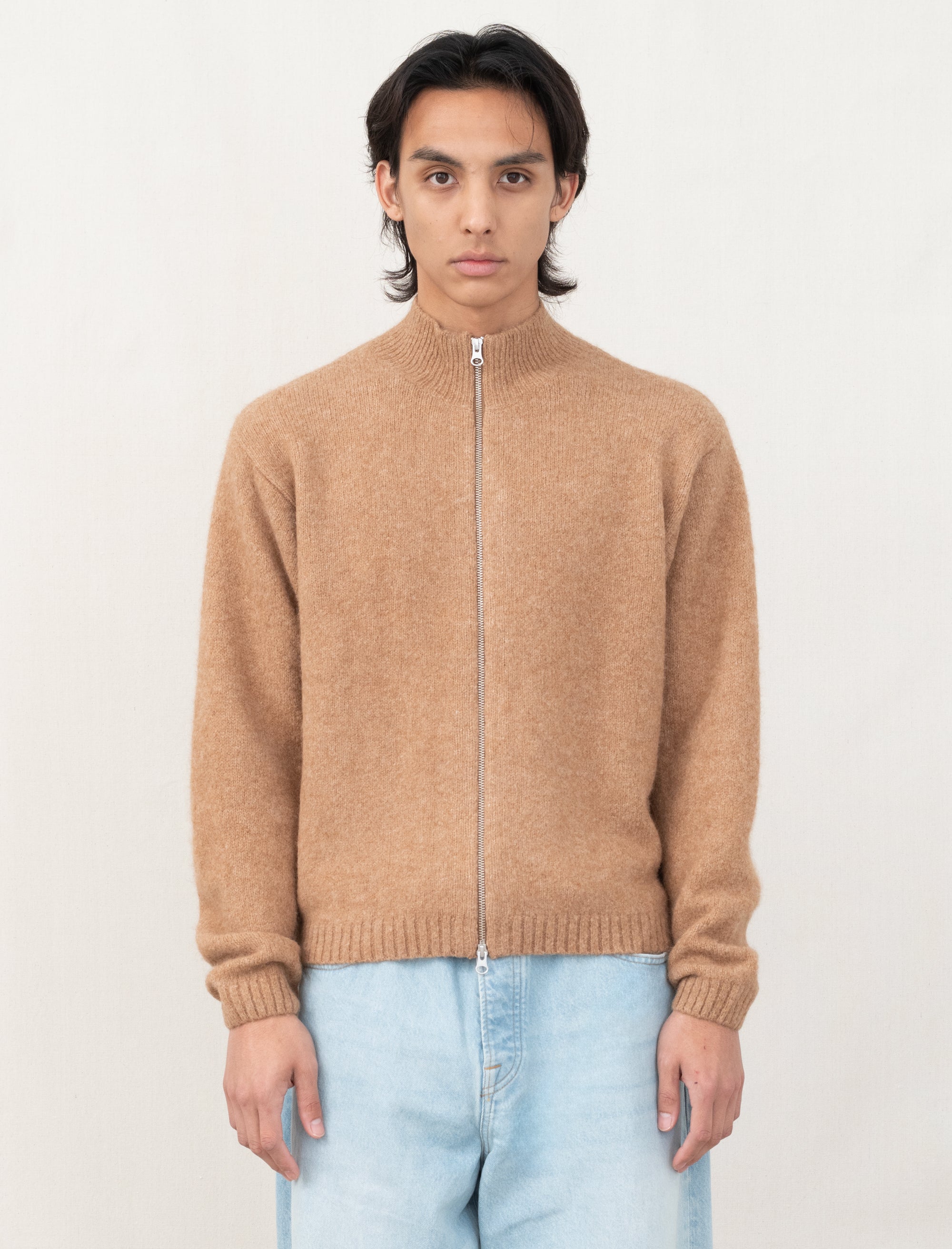 Full Zip Brushed Merino Sweater (Camel)