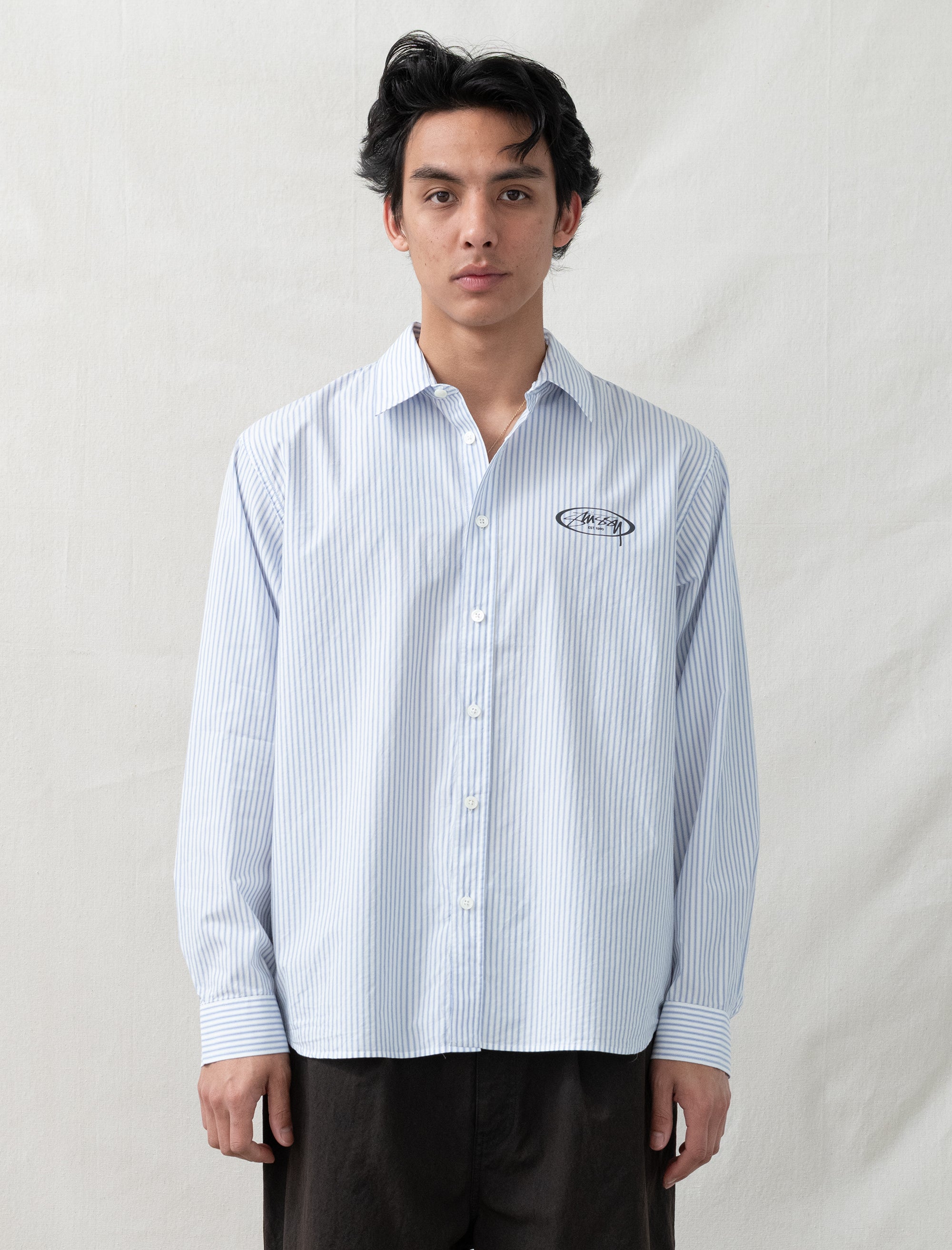 Stüssy standard l/s shirts stripe Stüssy Standard L/S Shirt Logo (Blue Stripe) – Bows and Arrows