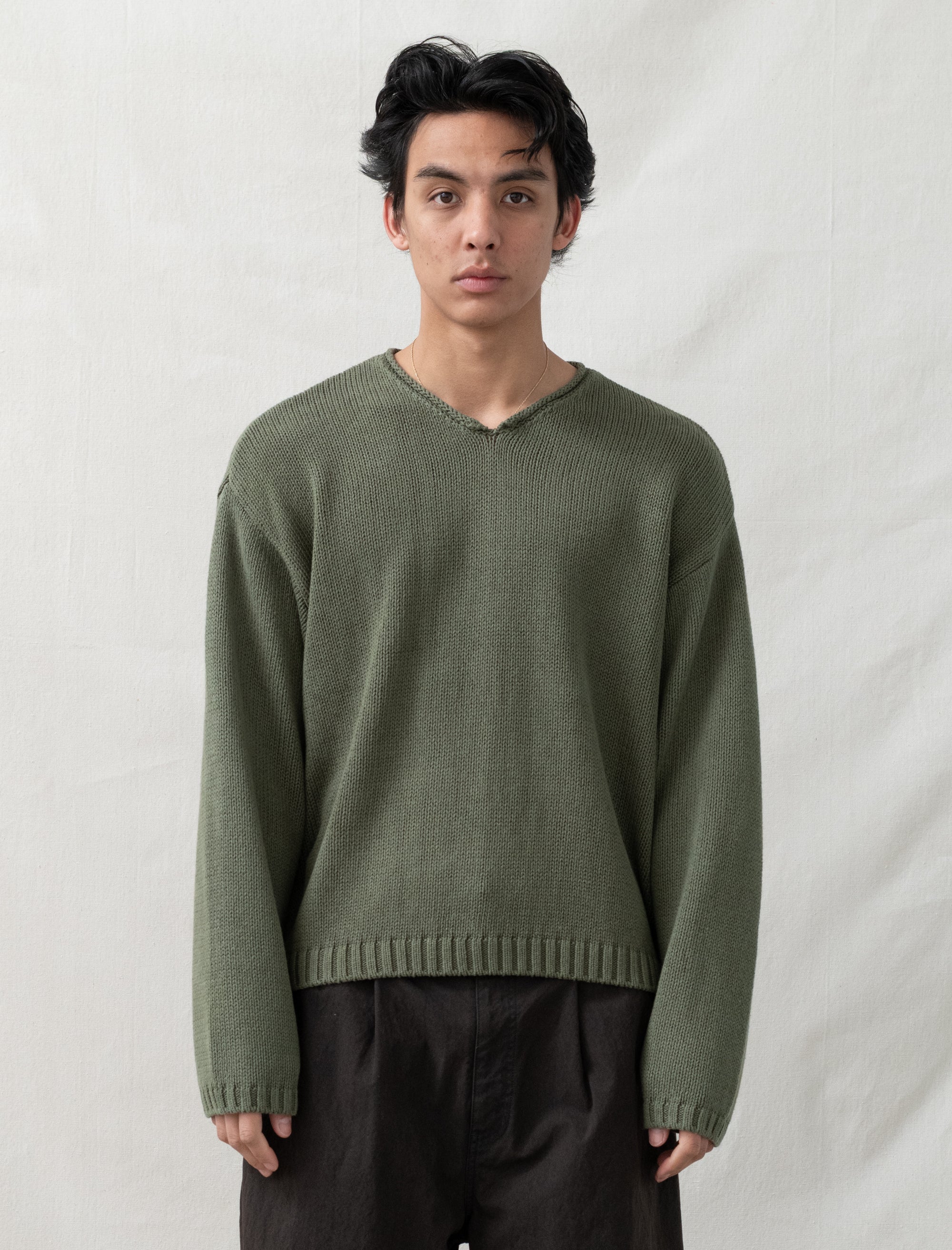stussy Roll V Neck Sweater (Olive)