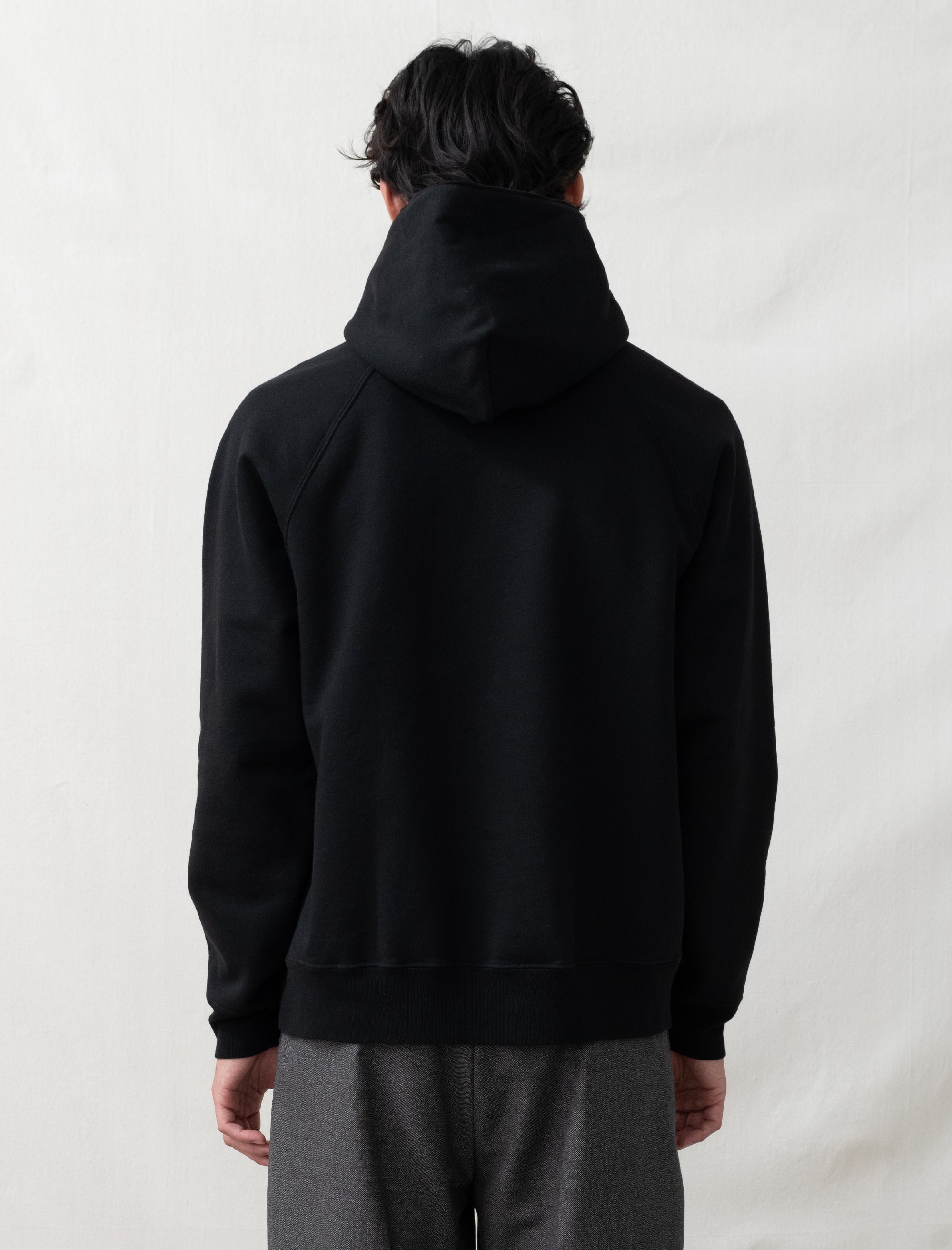 Person wearing a black hoodie from behind on a plain background