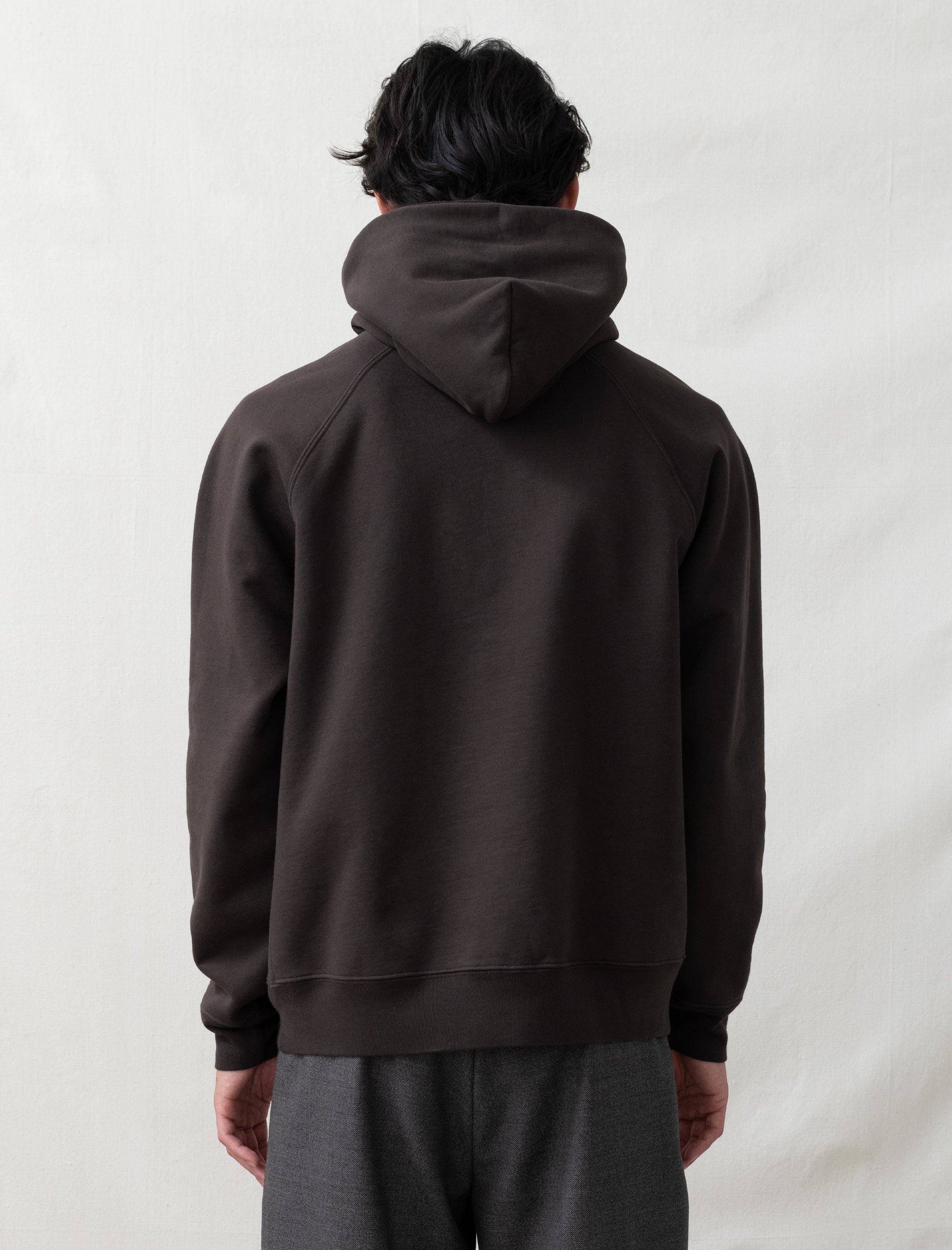 Person wearing a dark brown hoodie from behind on a light gray background