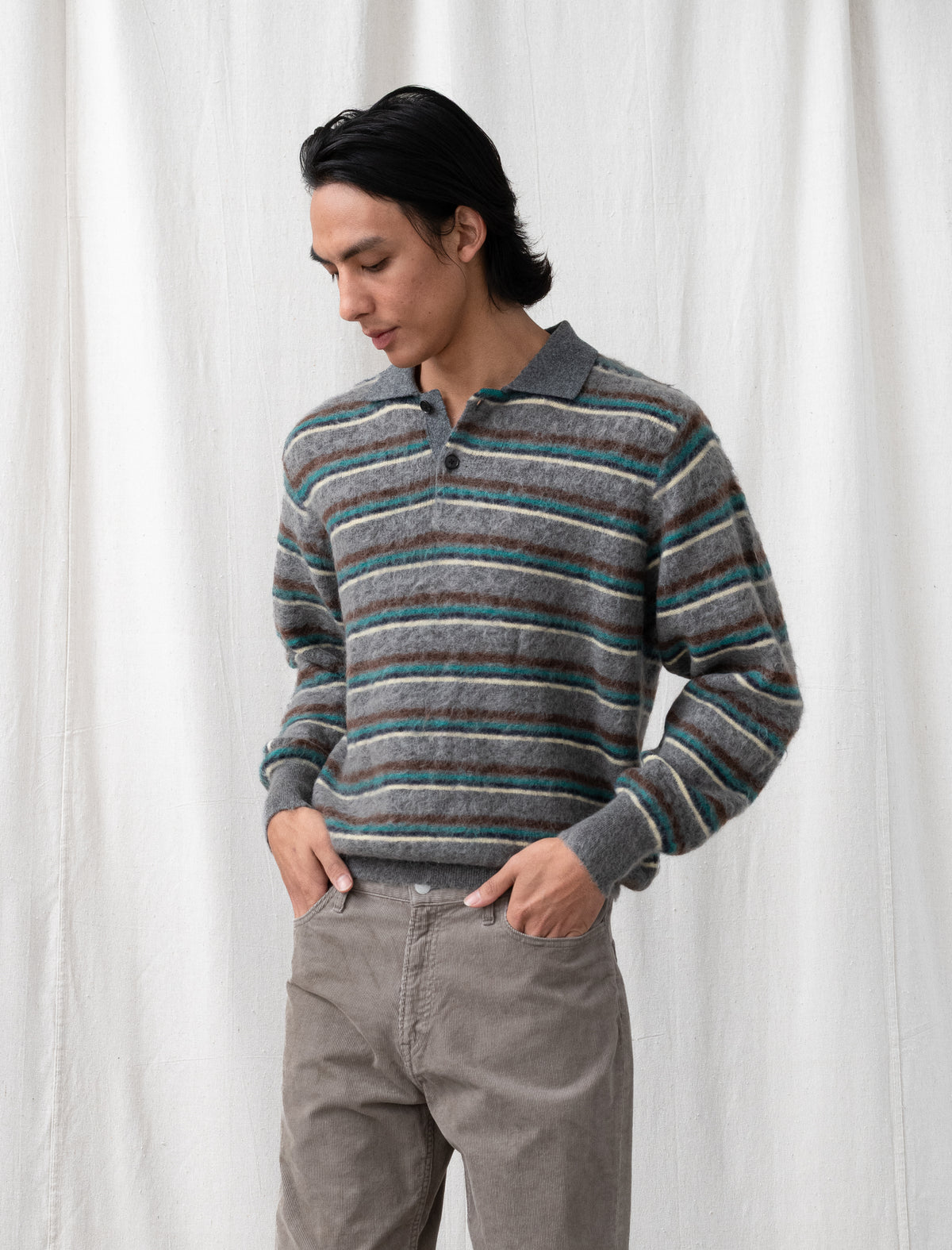 Kid Mohair Ribbed Knit Polo LS (Grey Multi)